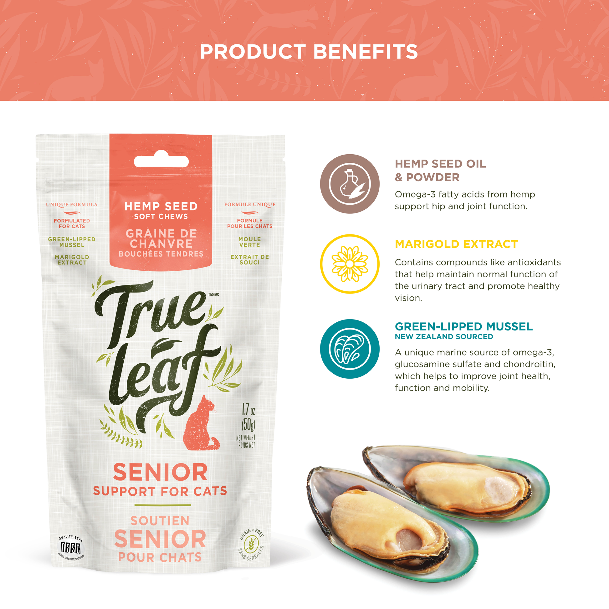 Trueleaf cat treat ingredient facts for hemp seed oil and powder, marigold extract, and green lipped mussel