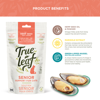 Trueleaf cat treat ingredient facts for hemp seed oil and powder, marigold extract, and green lipped mussel